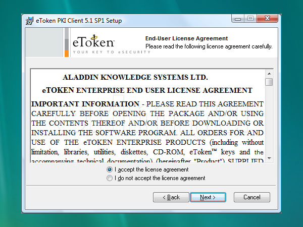 Установка eToken PKI Client 5.1 SP1, лицензионное соглашение