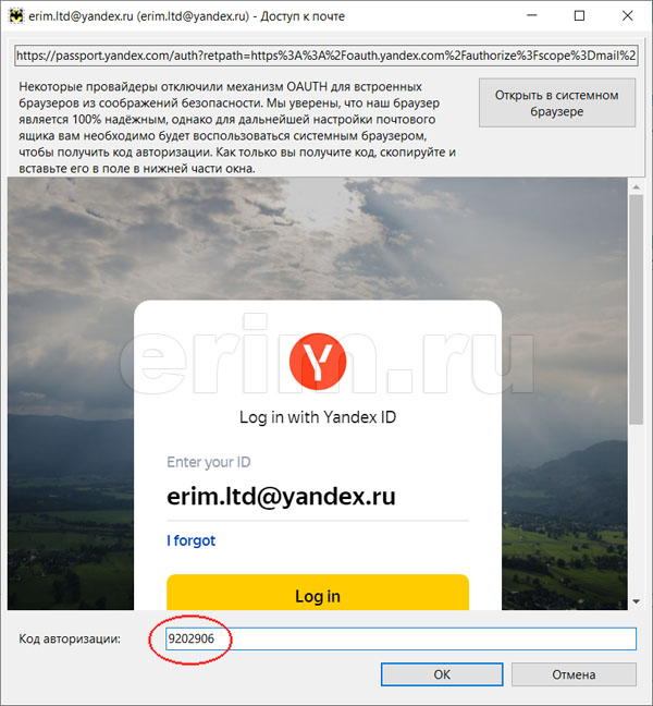 Вставка кода авторизации The Bat! для доступа к Яндекс.Почте
